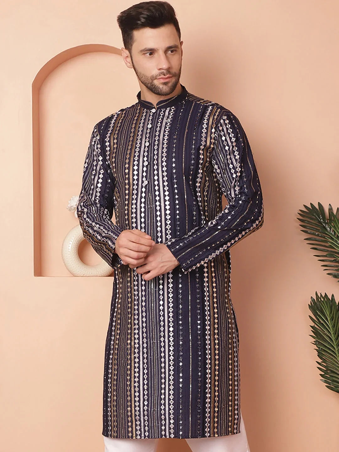 Men's Mirror Work Kurtas-KO-5055Navy