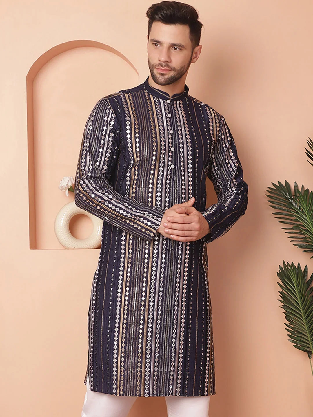 Men's Mirror Work Kurtas-KO-5055Navy