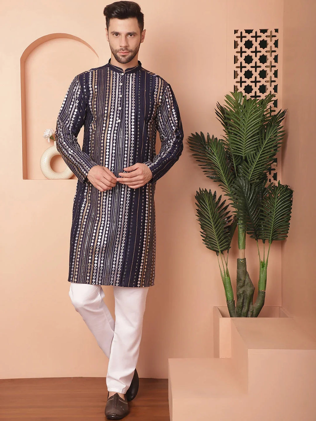 Men's Mirror Work Kurtas-KO-5055Navy