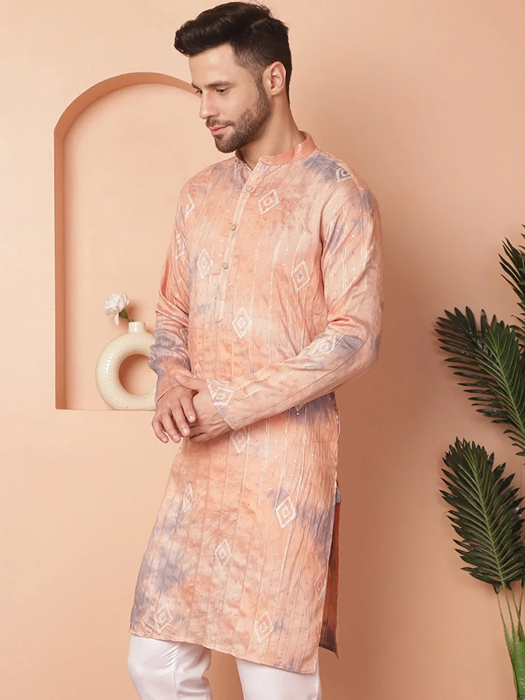 Men's Peach Tei-Dye Printed Kurtas-KO-5058Peach