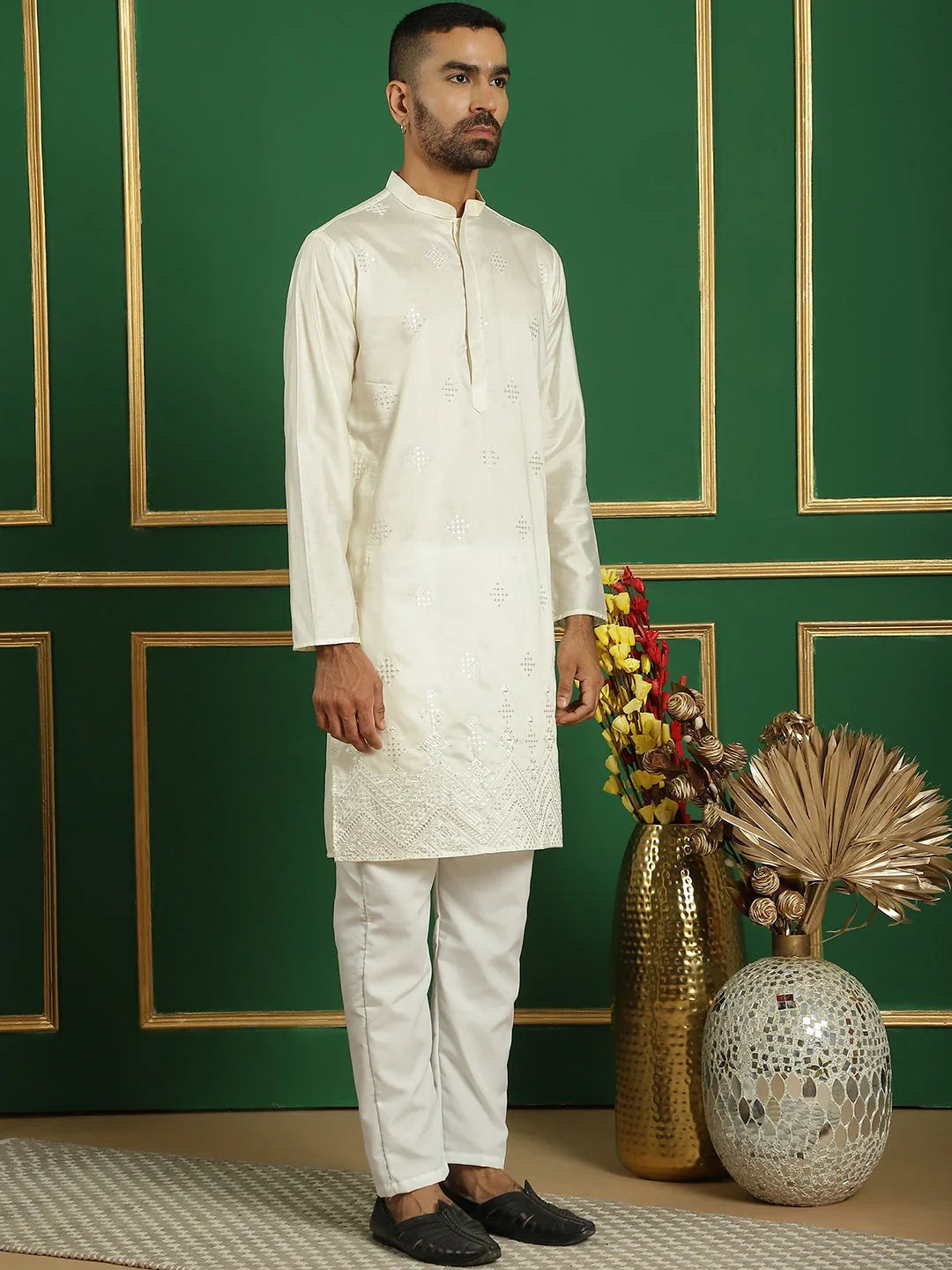 Men Pista Green Embroidered and Sequence Kurtas-KO-5059Cream