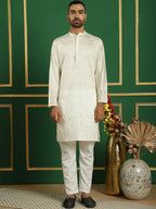 Men Pista Green Embroidered and Sequence Kurtas-KO-5059Cream