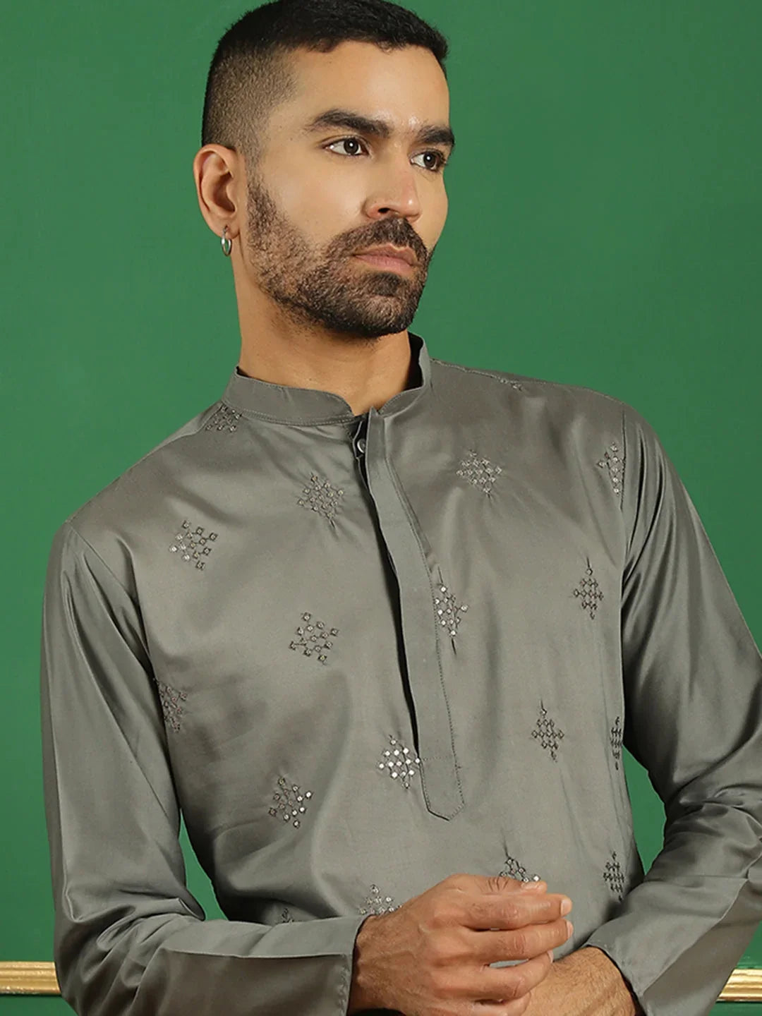 Men Yellow Embroidered and Sequence Kurtas-KO-5059Grey