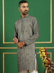 Men Yellow Embroidered and Sequence Kurtas-KO-5059Grey