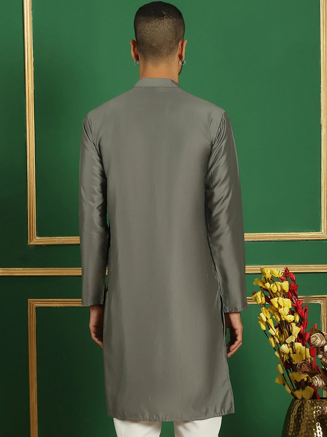 Men Yellow Embroidered and Sequence Kurtas-KO-5059Grey