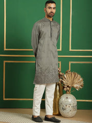 Men Yellow Embroidered and Sequence Kurtas-KO-5059Grey