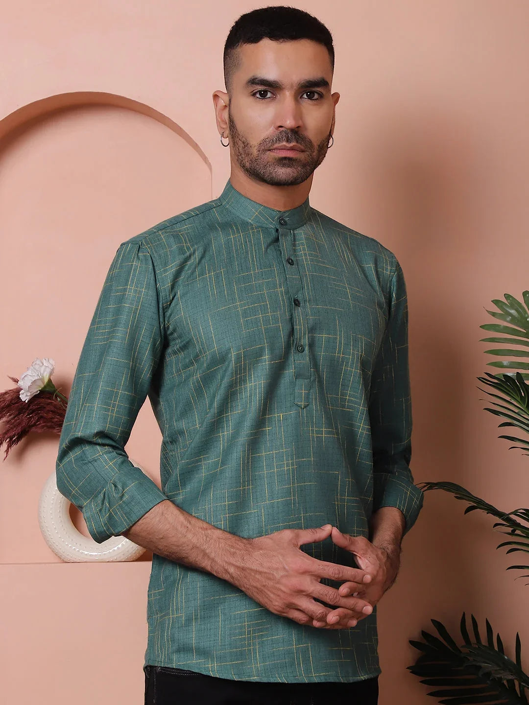 Men Woven Design Short Kurta-KO-5061Olive
