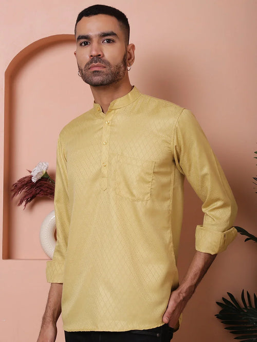 Beige Woven Design Short Kurta for Men-KO-5064Beige