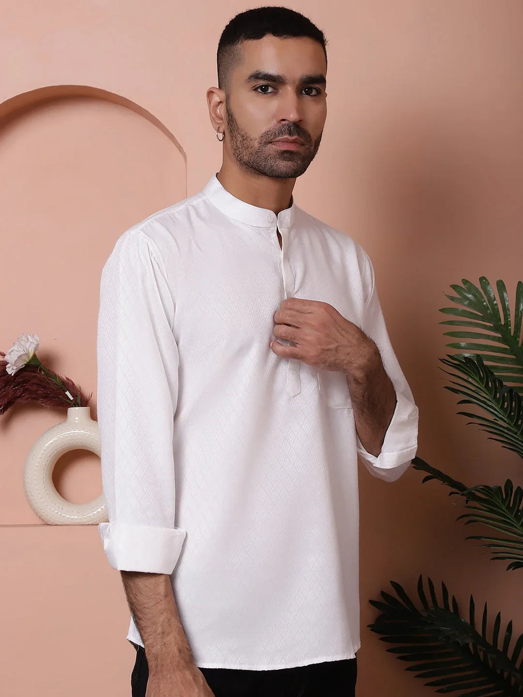 White Woven Design Short Kurta for Men-KO-5064White