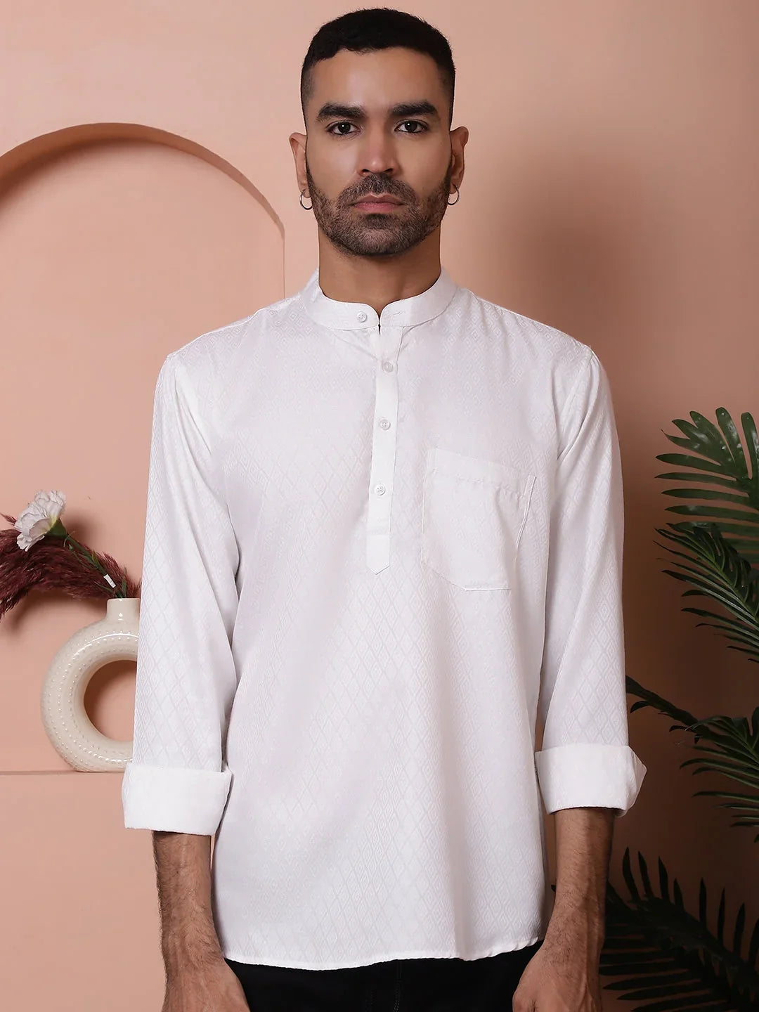 White Woven Design Short Kurta for Men-KO-5064White