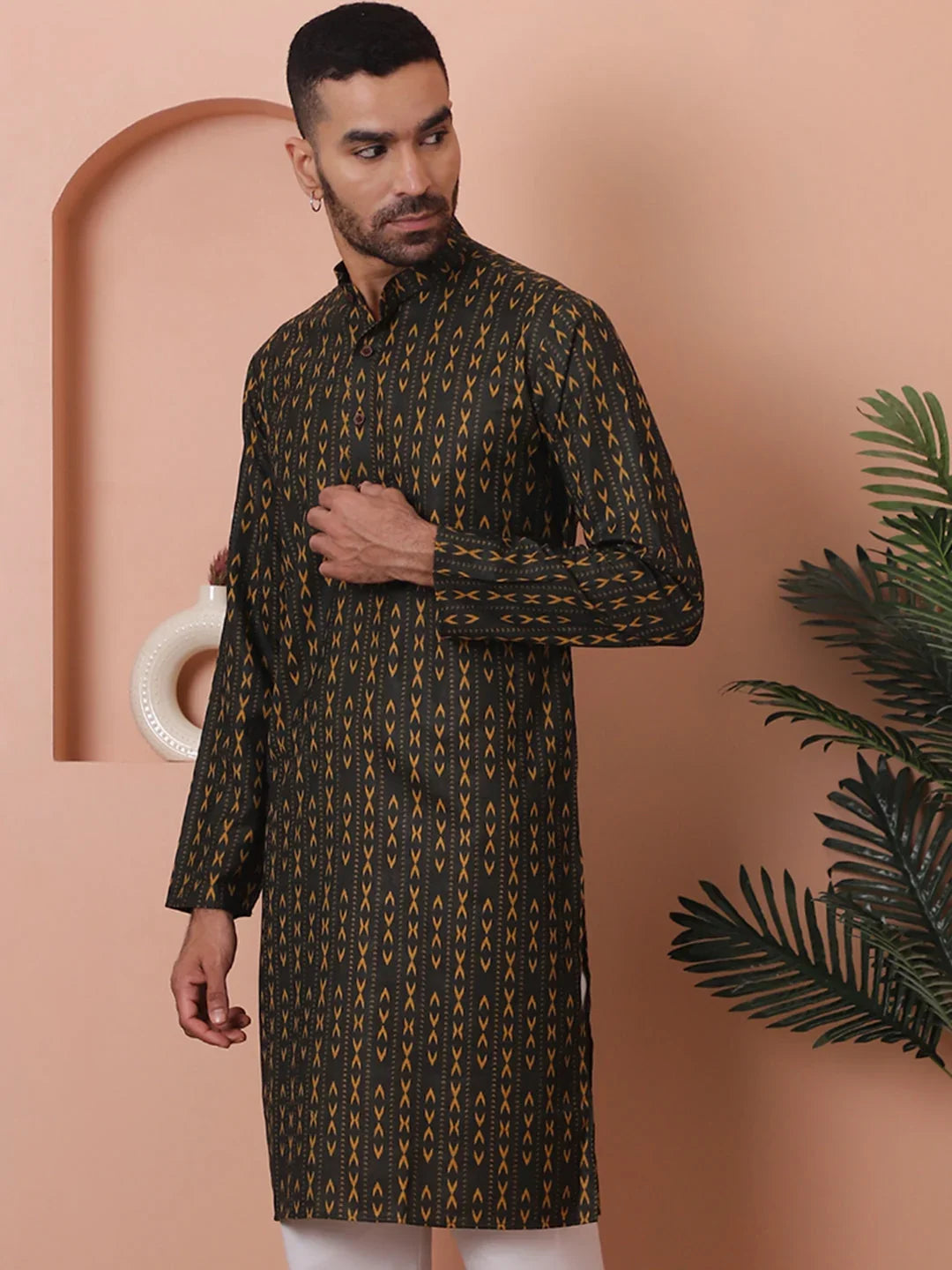 Men Printed Cotton Kurtas-KO-5069Mehndi