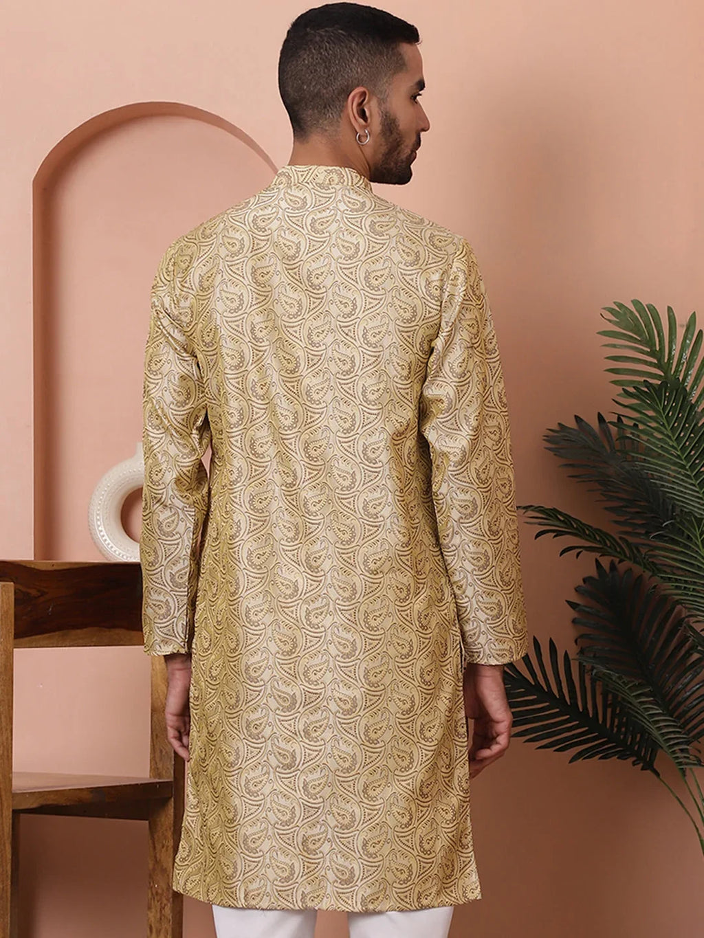 Men Golden Silk Blend Straight Kurtas-KO-5071Golden