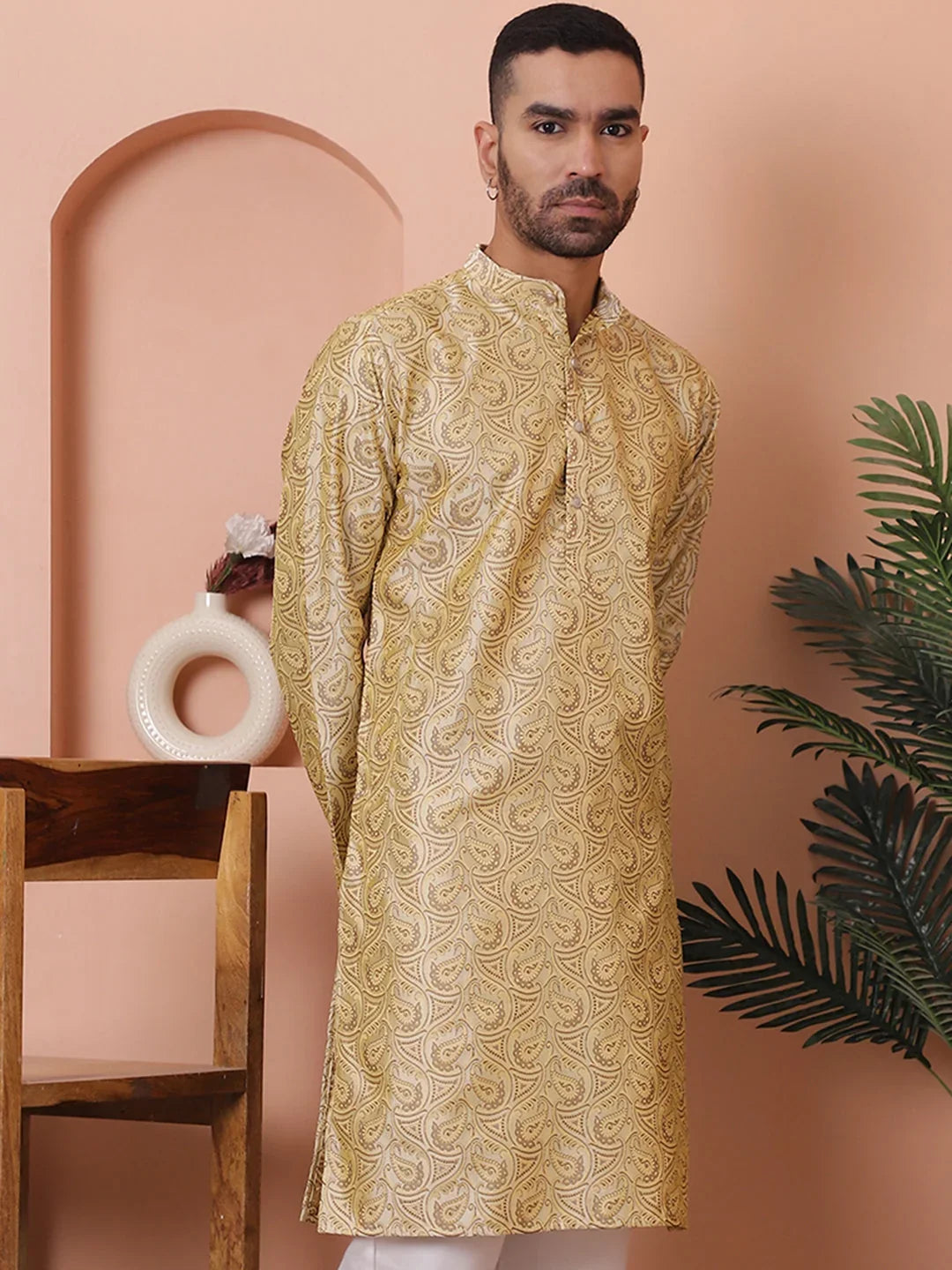 Men Golden Silk Blend Straight Kurtas-KO-5071Golden