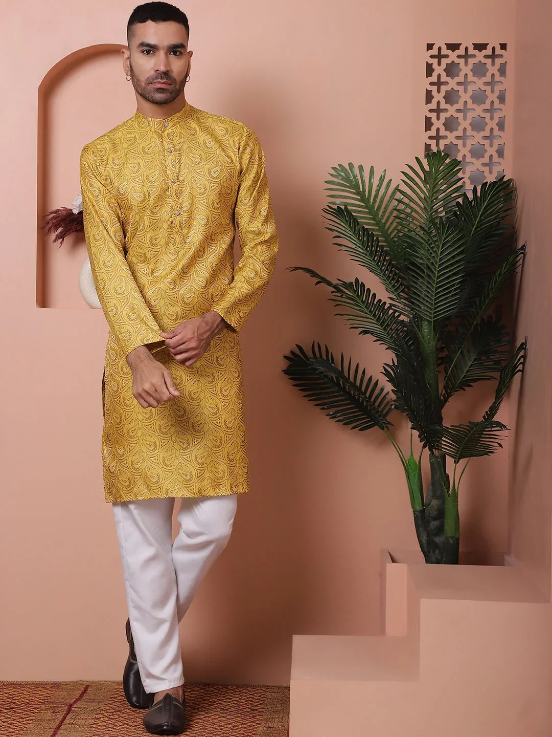 Men Yellow Silk Blend Straight Kurtas-KO-5071Yellow