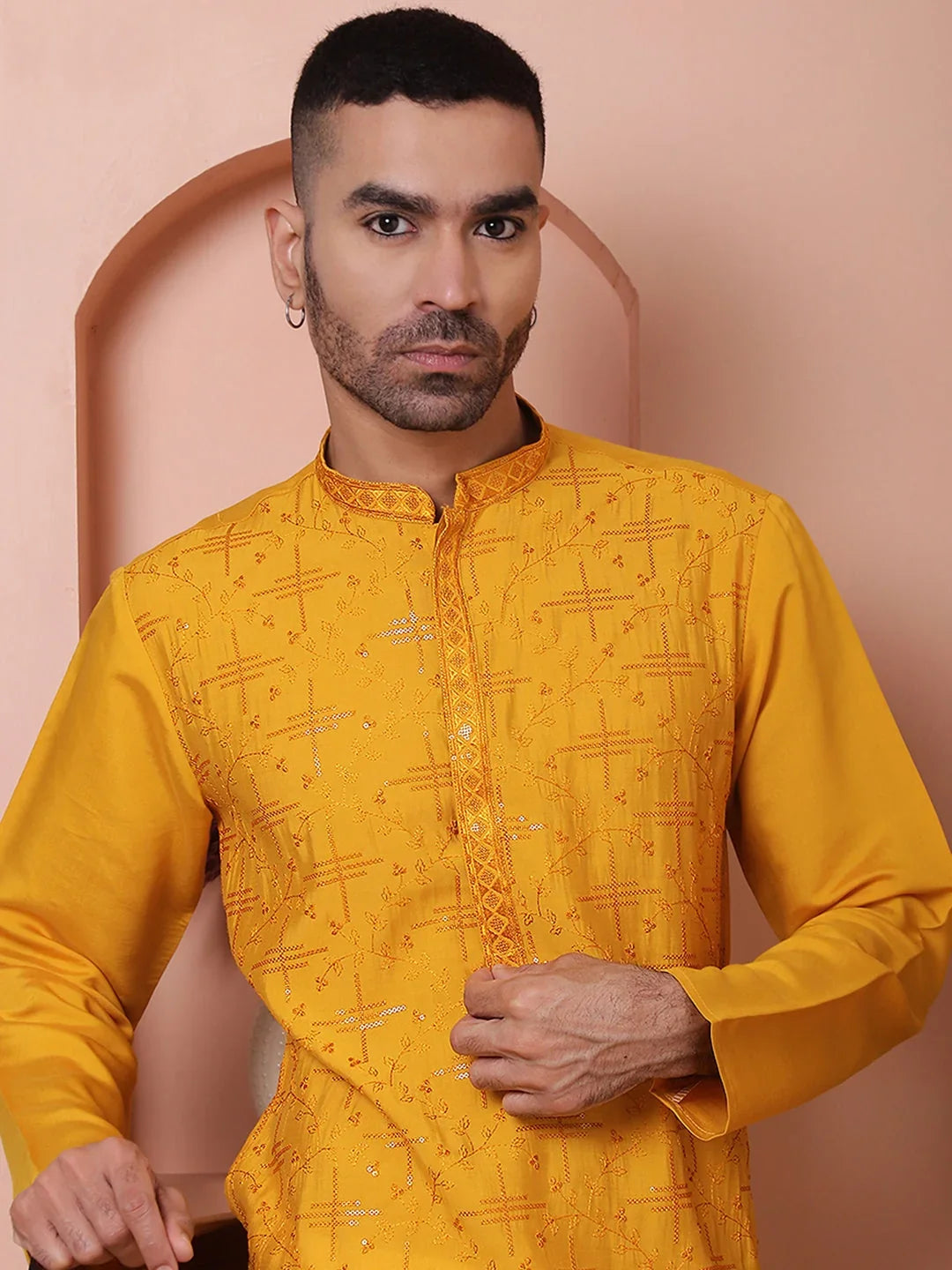 Men's Embroidered and Sequins Kurtas-KO-5073Mustard