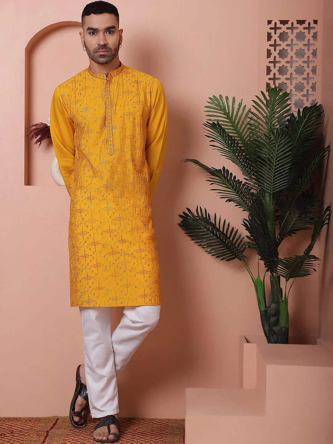 Men's Embroidered and Sequins Kurtas-KO-5073Mustard