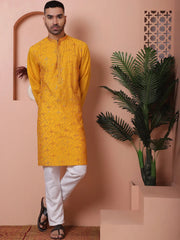 Men's Embroidered and Sequins Kurtas-KO-5073Mustard