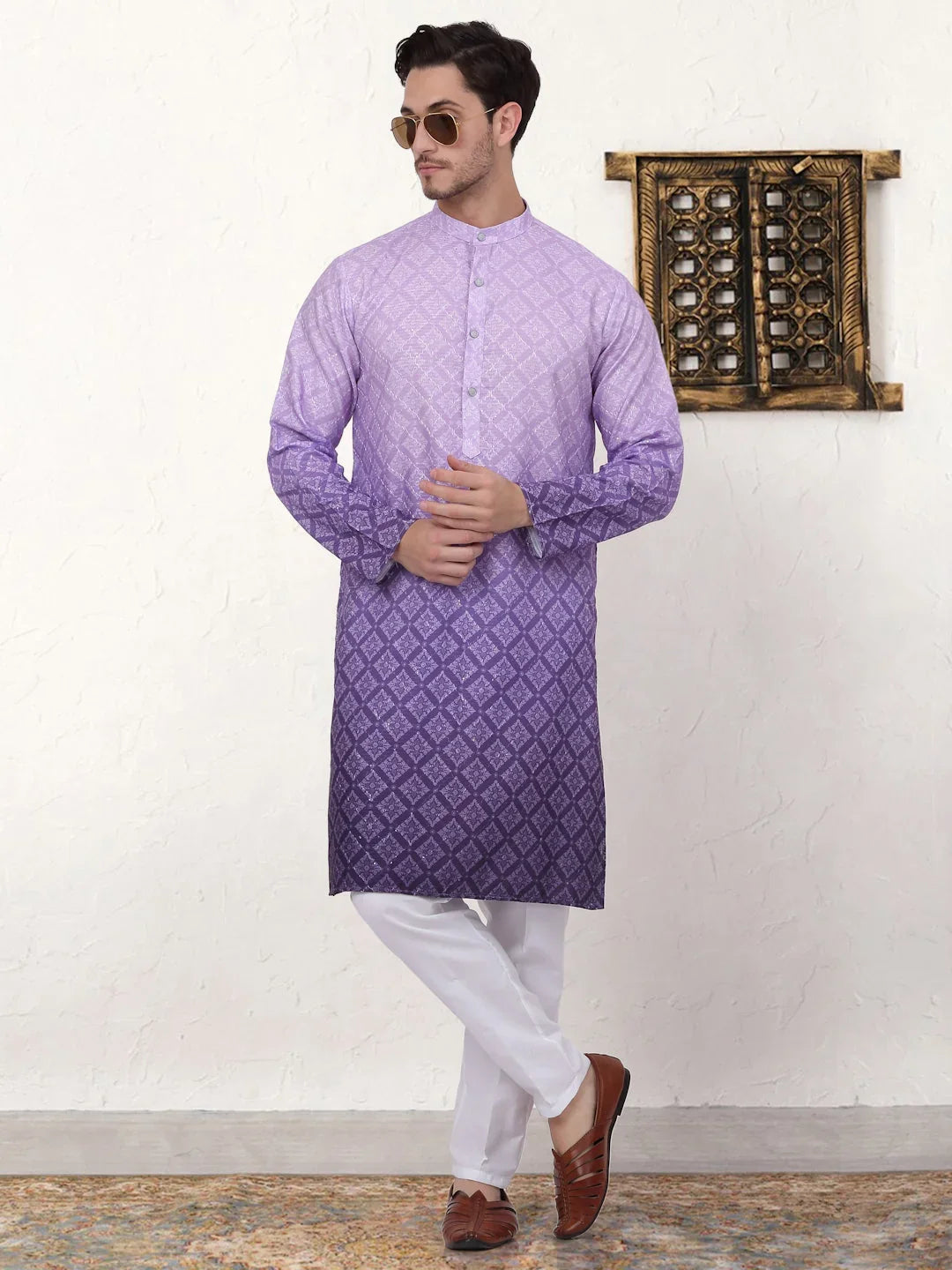 Men's Ombre Pure Cotton Straight Kurta-KO-5074Purple