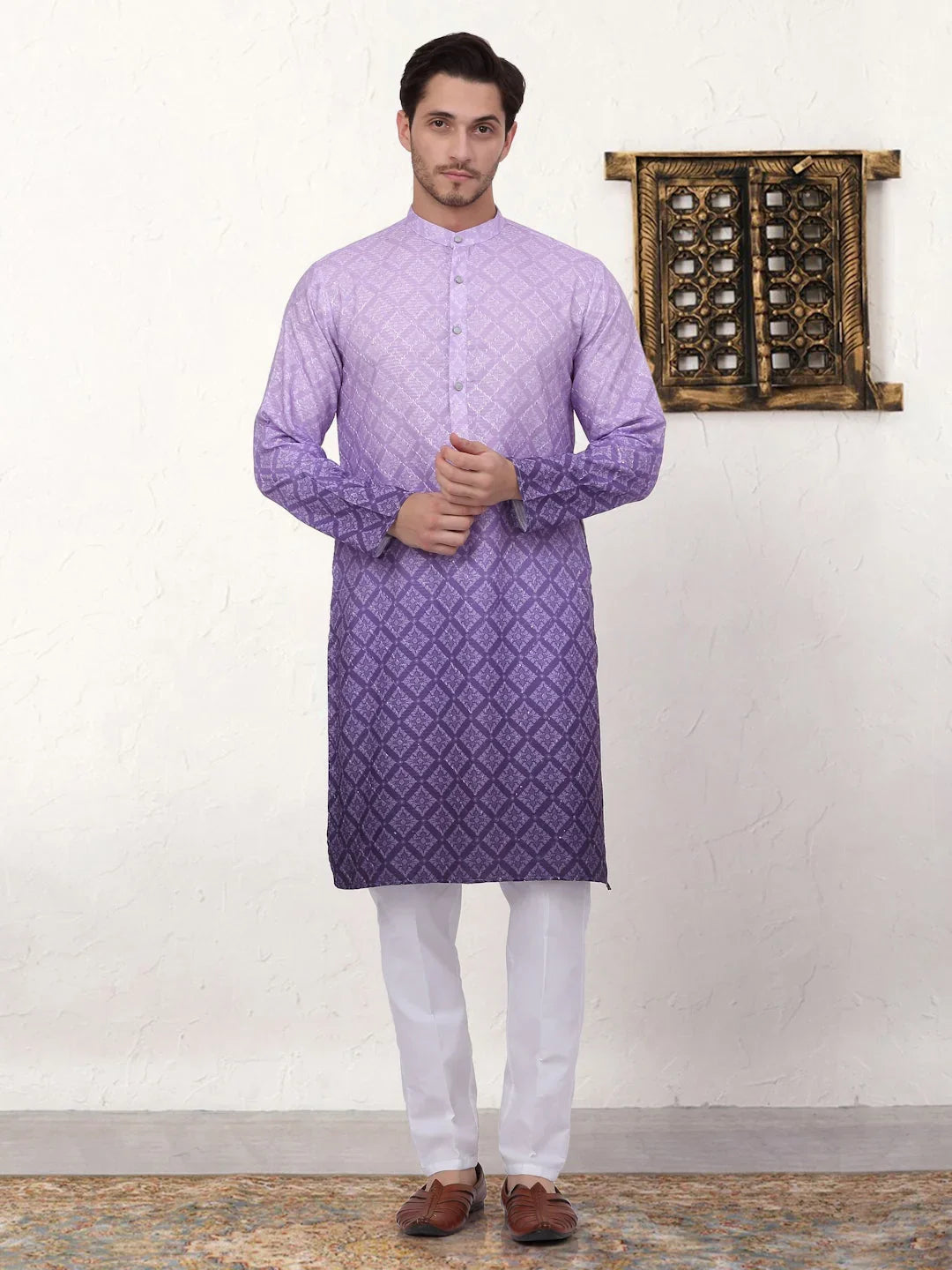 Men's Ombre Pure Cotton Straight Kurta-KO-5074Purple