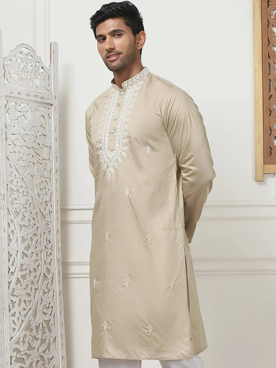 Collar Embroidered & Sequin Kurtas-KO-5075Beige