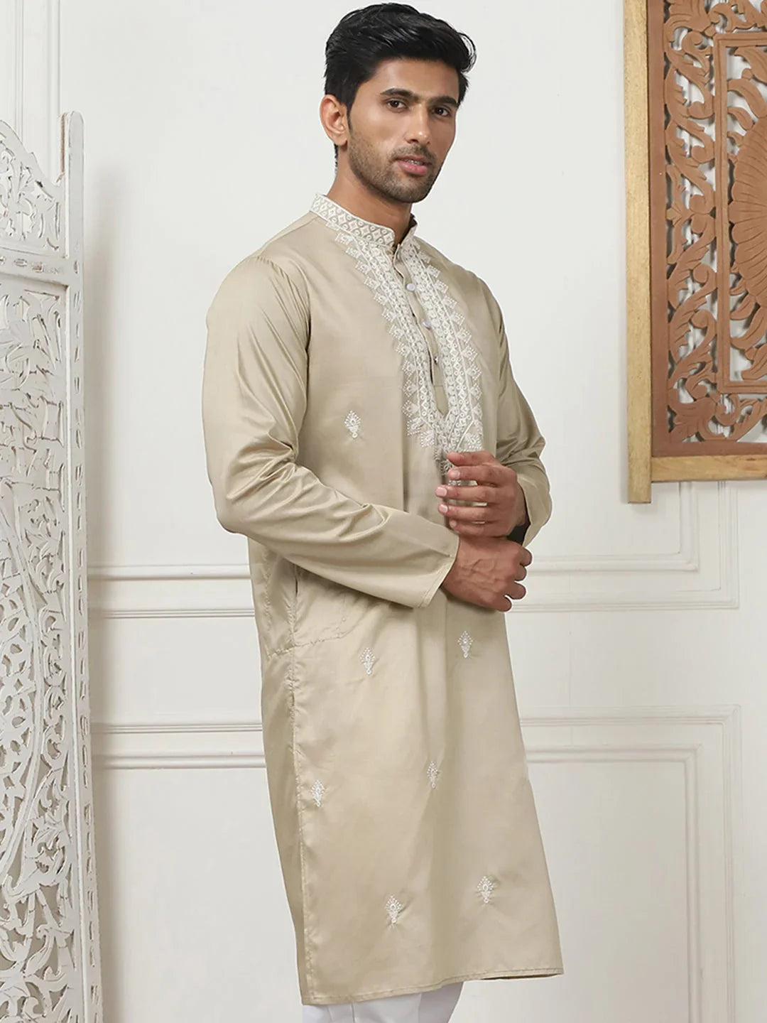 Collar Embroidered & Sequin Kurtas-KO-5075Beige