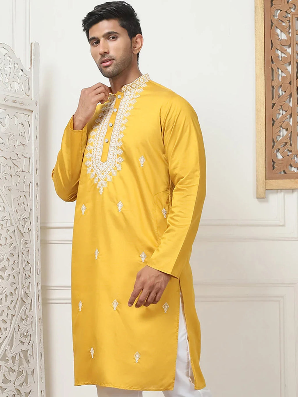 Collar Embroidered & Sequin Kurtas-KO-5075Mustard
