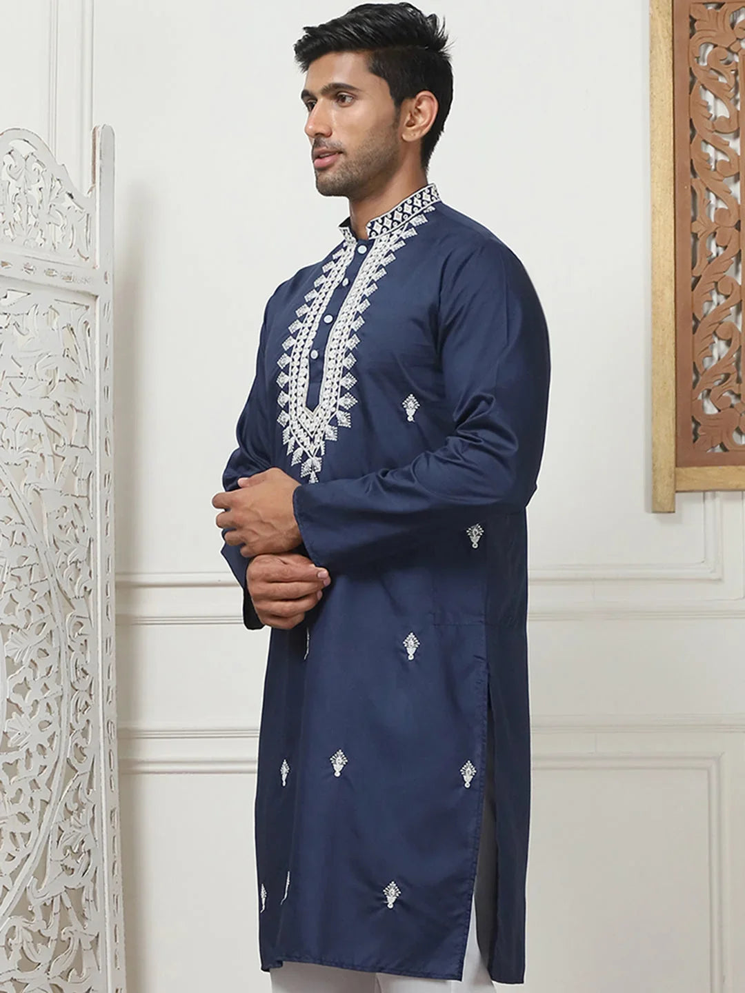 Collar Embroidered & Sequin Kurtas-KO-5075Navy