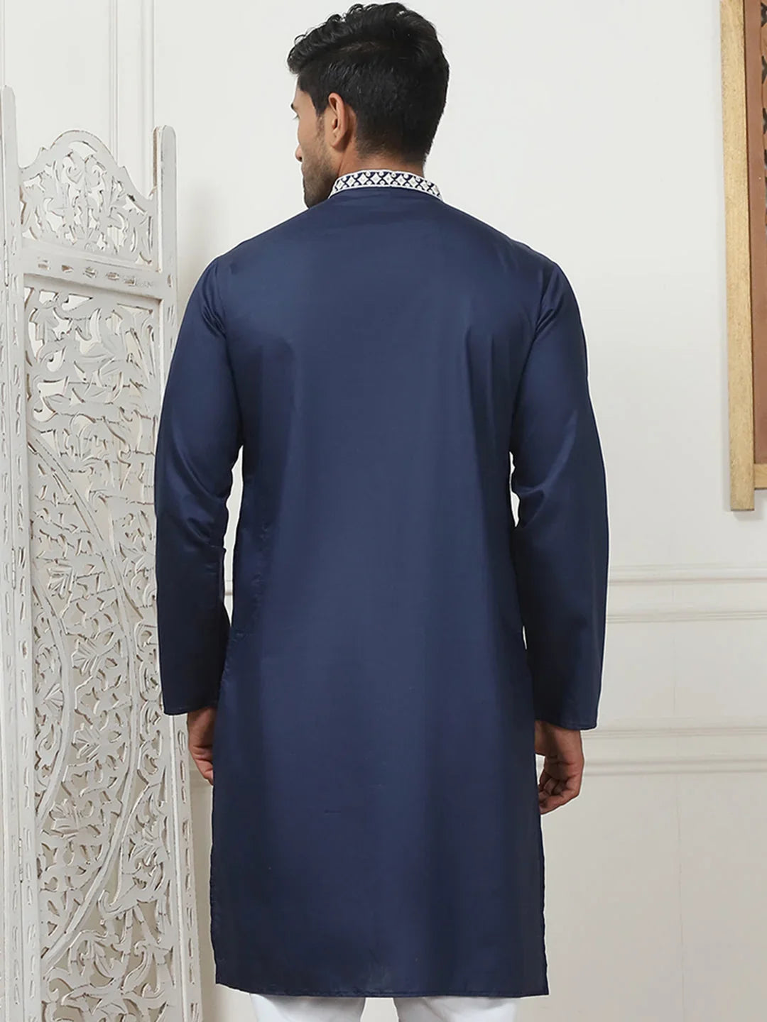 Collar Embroidered & Sequin Kurtas-KO-5075Navy