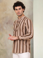 Men's Beige Striped Short Kurtas-KO-5078Beige