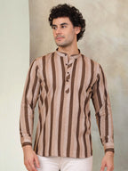 Men's Beige Striped Short Kurtas-KO-5078Beige
