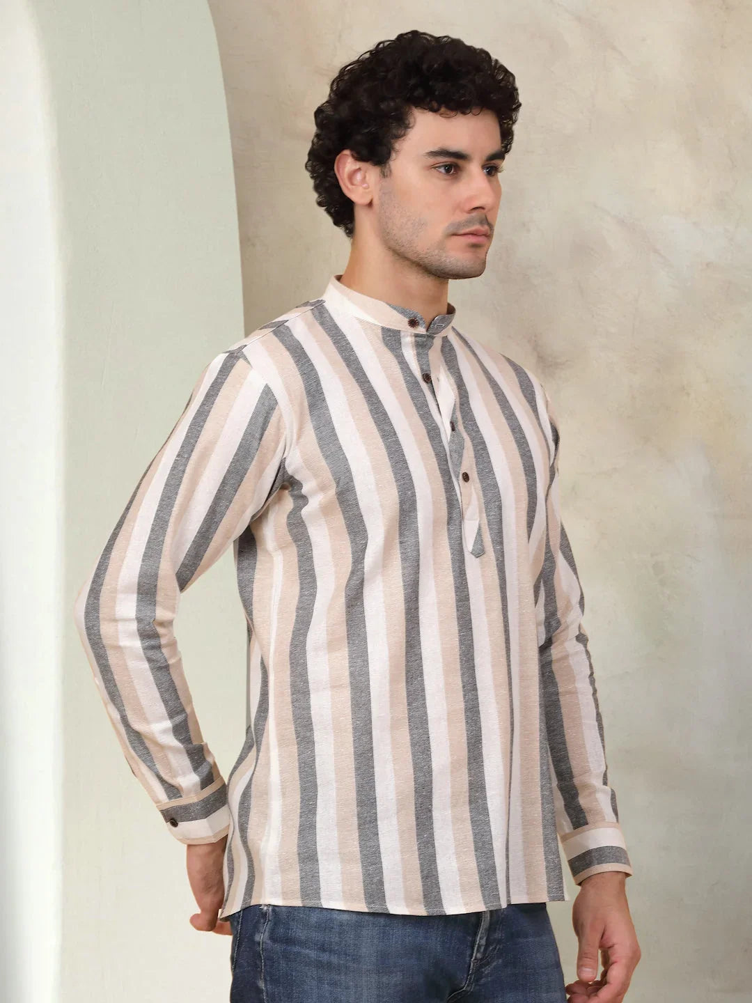 Men's Grey Striped Short Kurtas-KO-5078Grey
