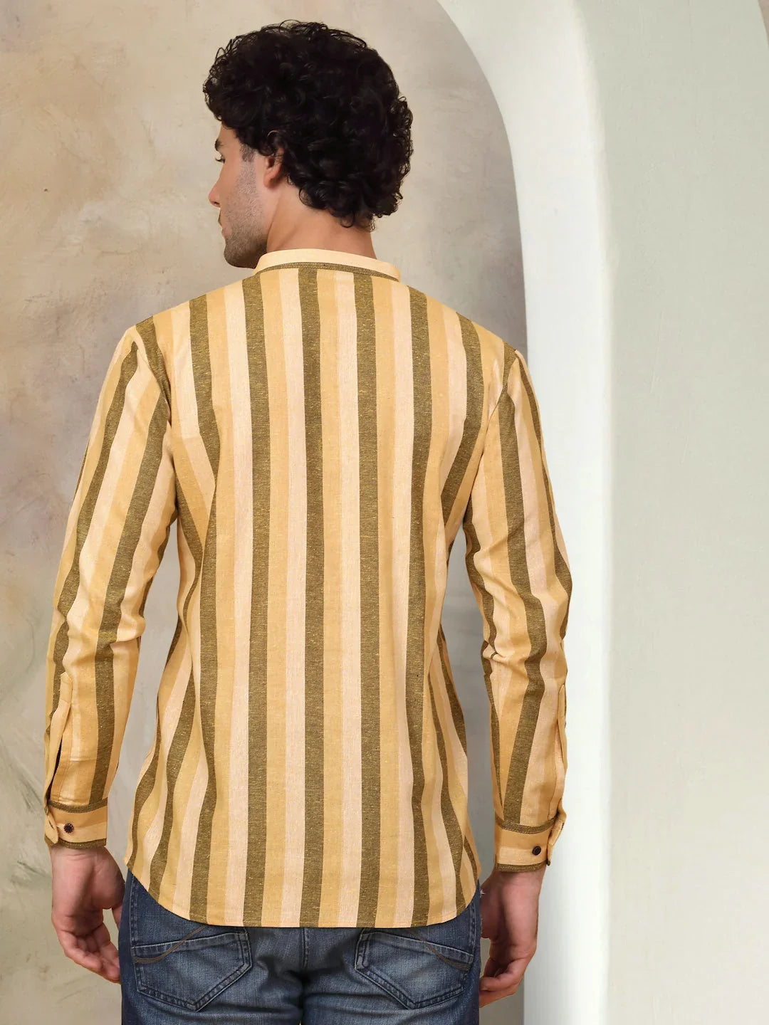 Men's Yellow Striped Short Kurtas-KO-5078Yellow