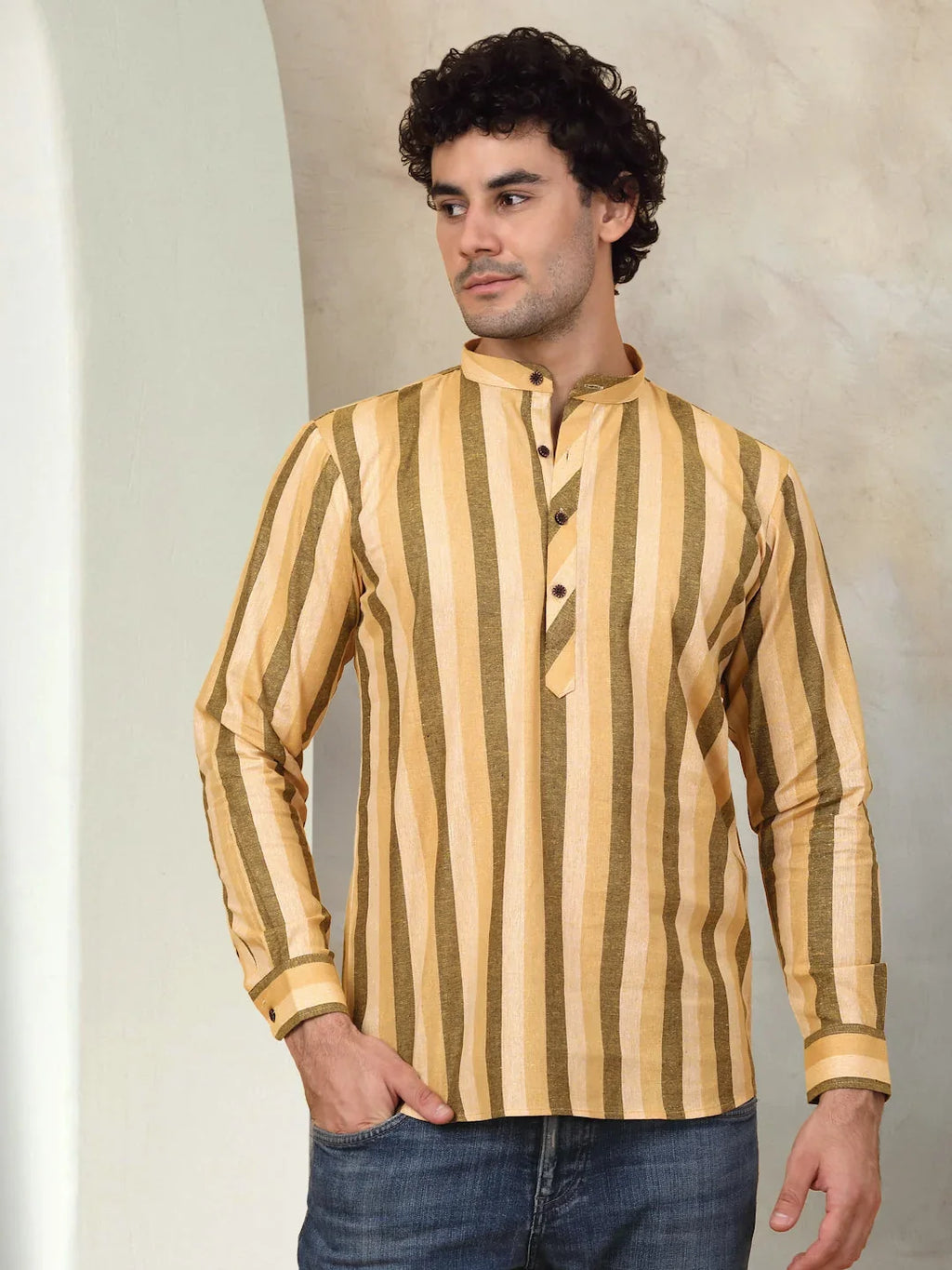 Men's Yellow Striped Short Kurtas-KO-5078Yellow