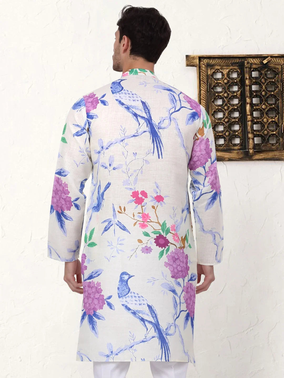 Men's Animal Printed Pure Cotton Straight Kurtas-KO-5079Blue