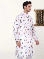 Men's Animal Printed Pure Cotton Straight Kurtas-KO-5079White