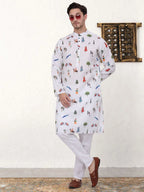 Men's Animal Printed Pure Cotton Straight Kurtas-KO-5079White
