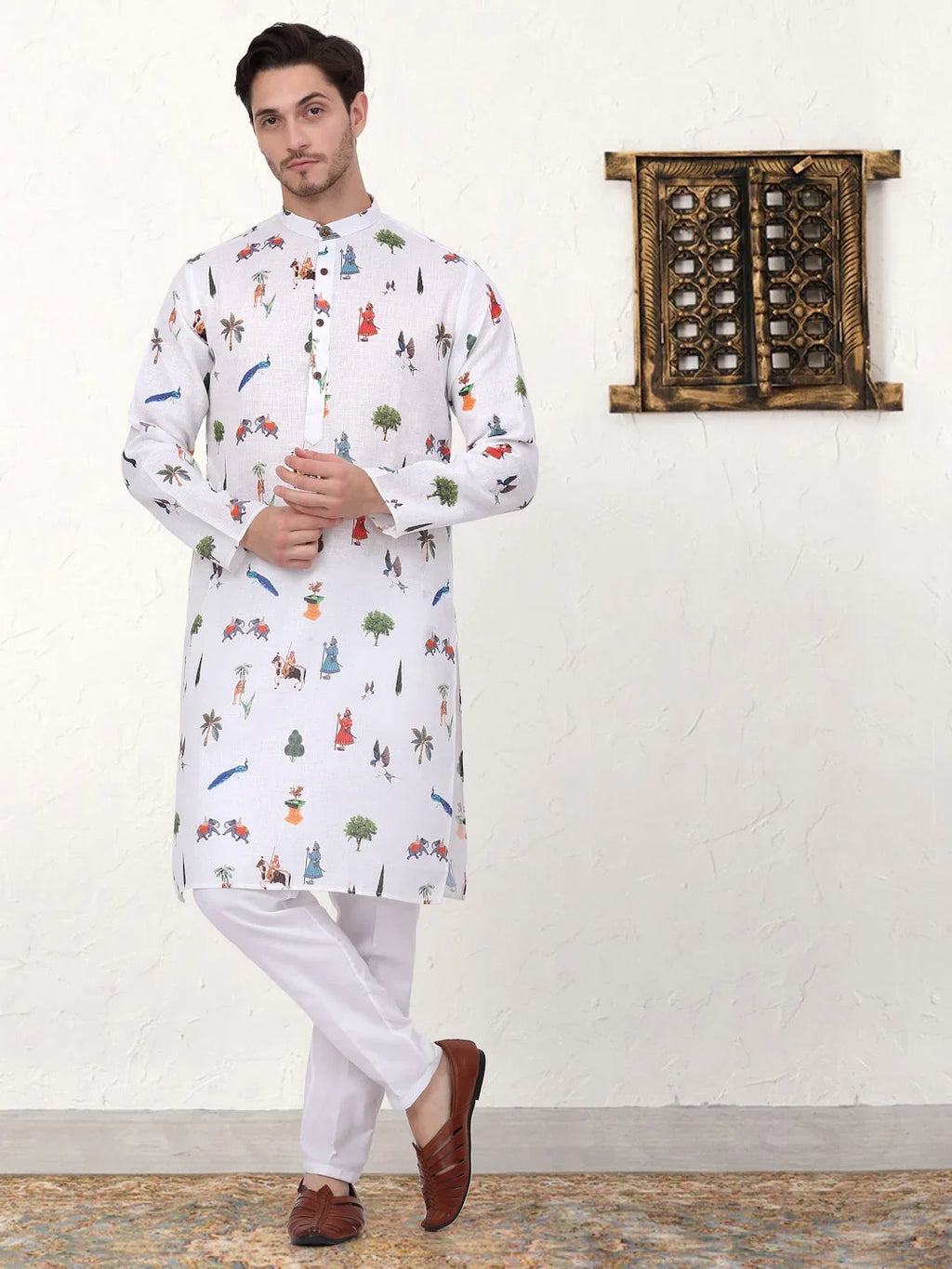 Men's Animal Printed Pure Cotton Straight Kurtas-KO-5079White