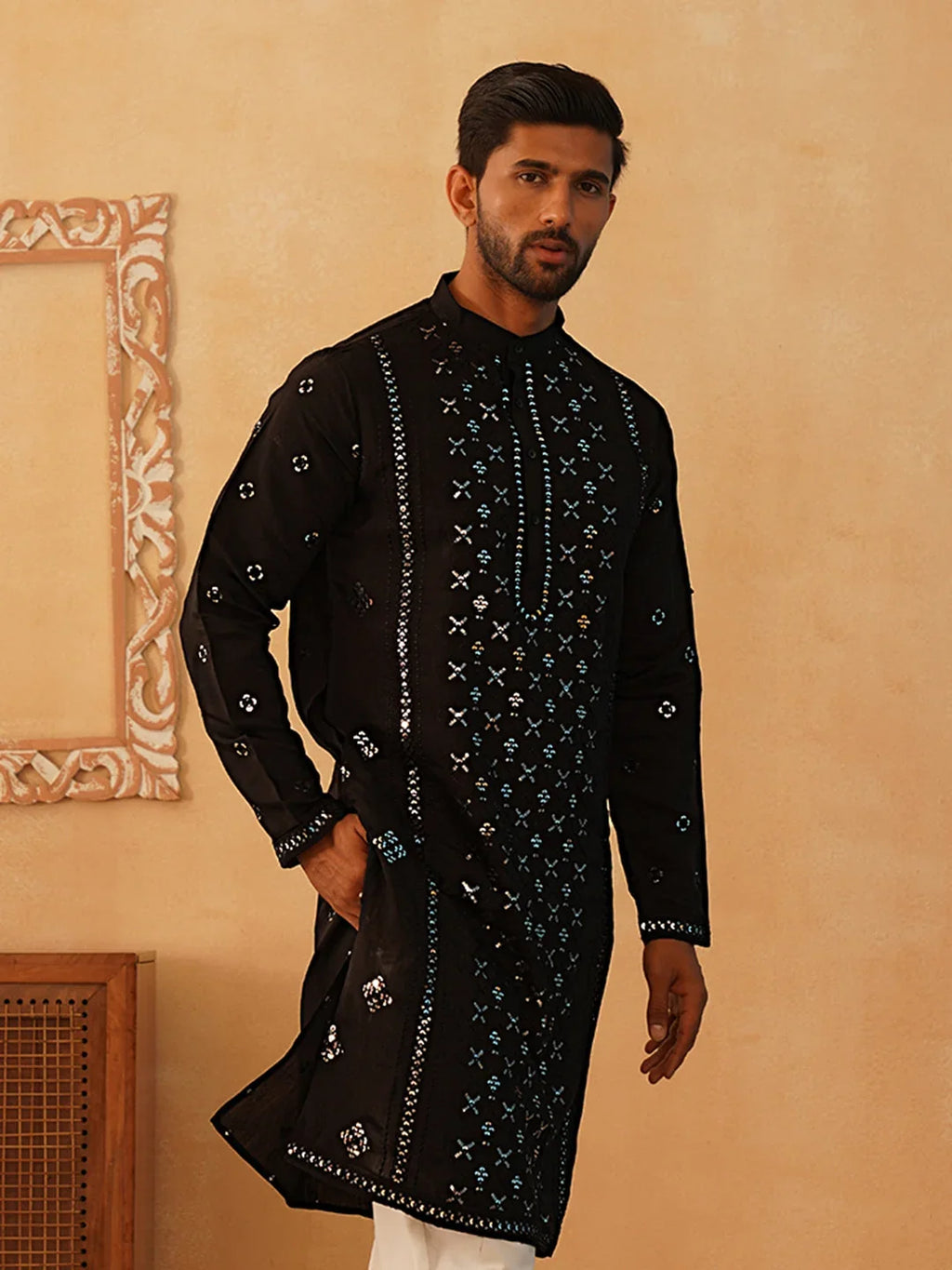 Embroidered & Sequin Cotton Blend Kurtas-KO-5085Black