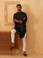 Embroidered & Sequin Cotton Blend Kurtas-KO-5085Black