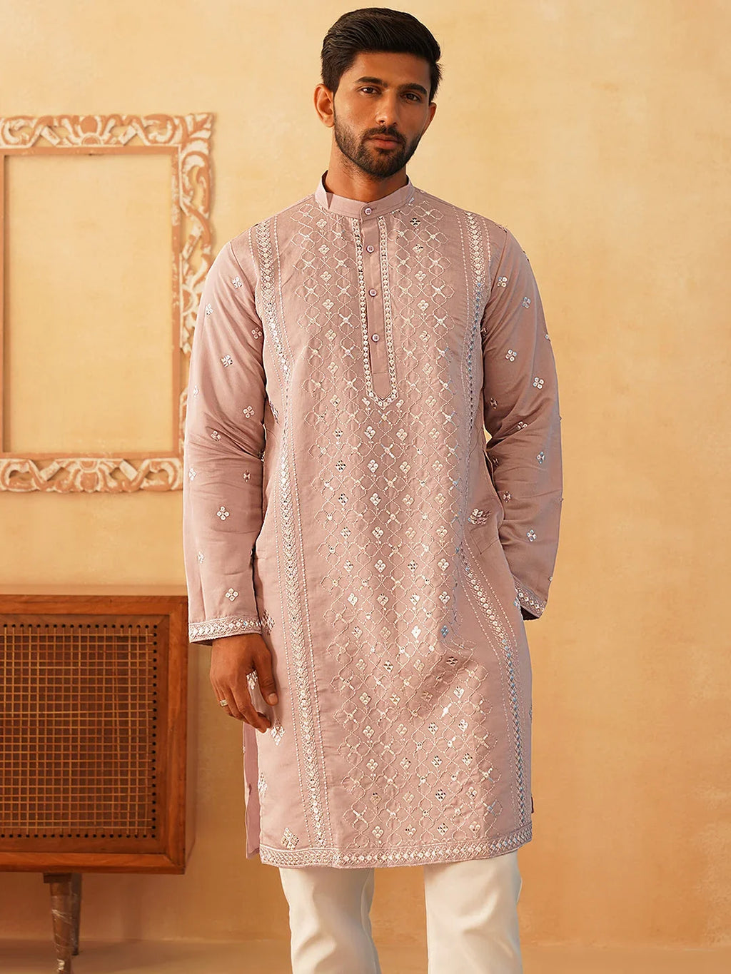 Embroidered & Sequin Cotton Blend Kurtas-KO-5085Peach