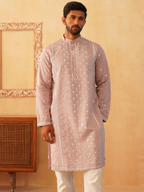Embroidered & Sequin Cotton Blend Kurtas-KO-5085Peach