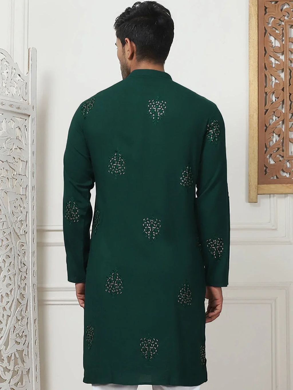 Embroidered Viscose Rayon Straight Kurtas-KO-5086Olive