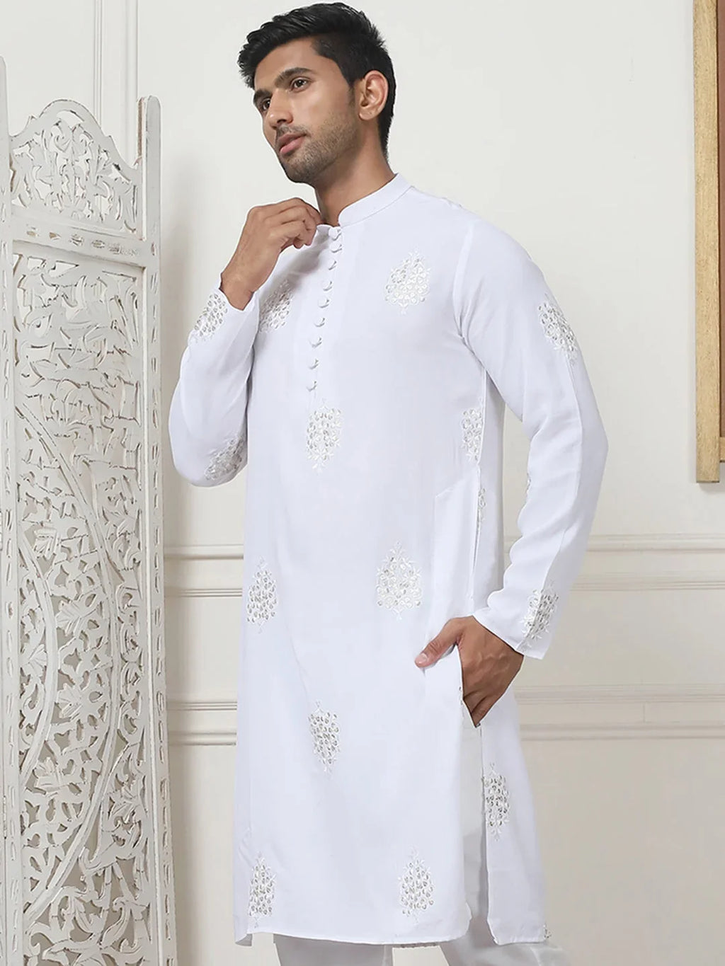 Embroidered Viscose Rayon Straight Kurtas-KO-5086White