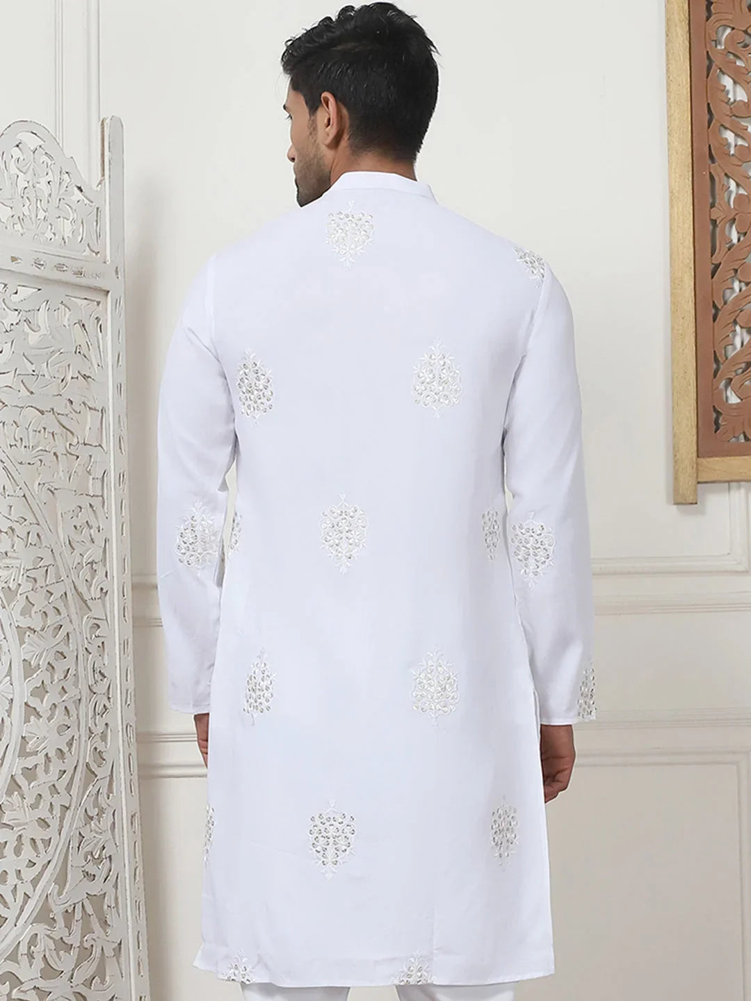 Embroidered Viscose Rayon Straight Kurtas-KO-5086White