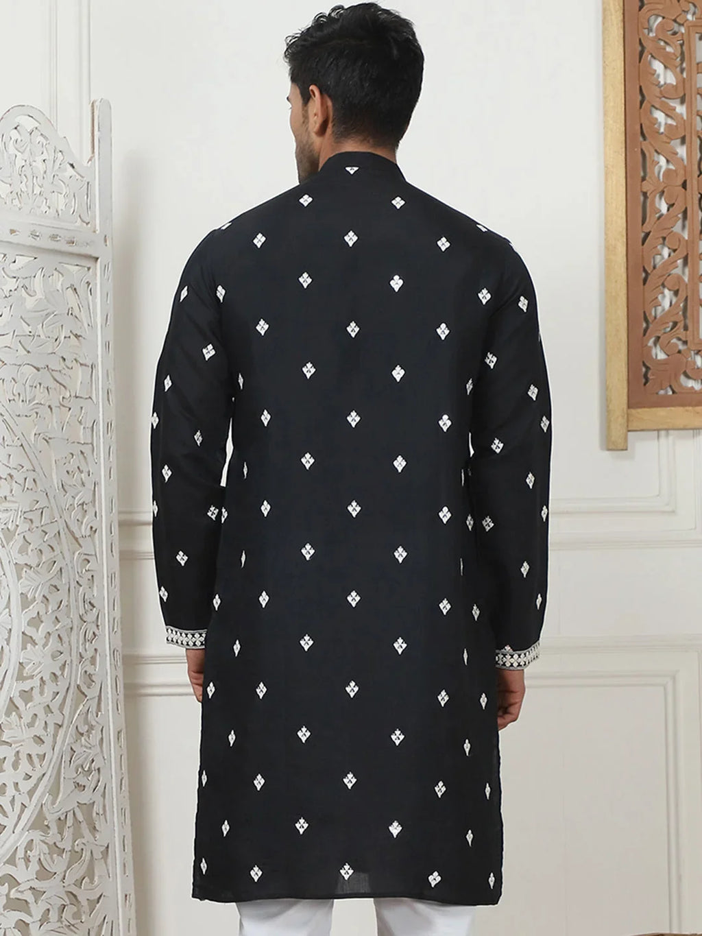 Embroidered & Sequin Cotton Blend Kurtas-KO-5087Black