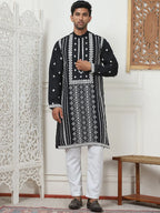 Embroidered & Sequin Cotton Blend Kurtas-KO-5087Black