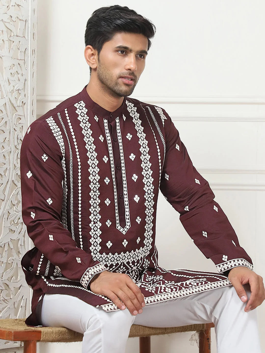 Embroidered & Sequin Cotton Blend Kurtas-KO-5087Wine