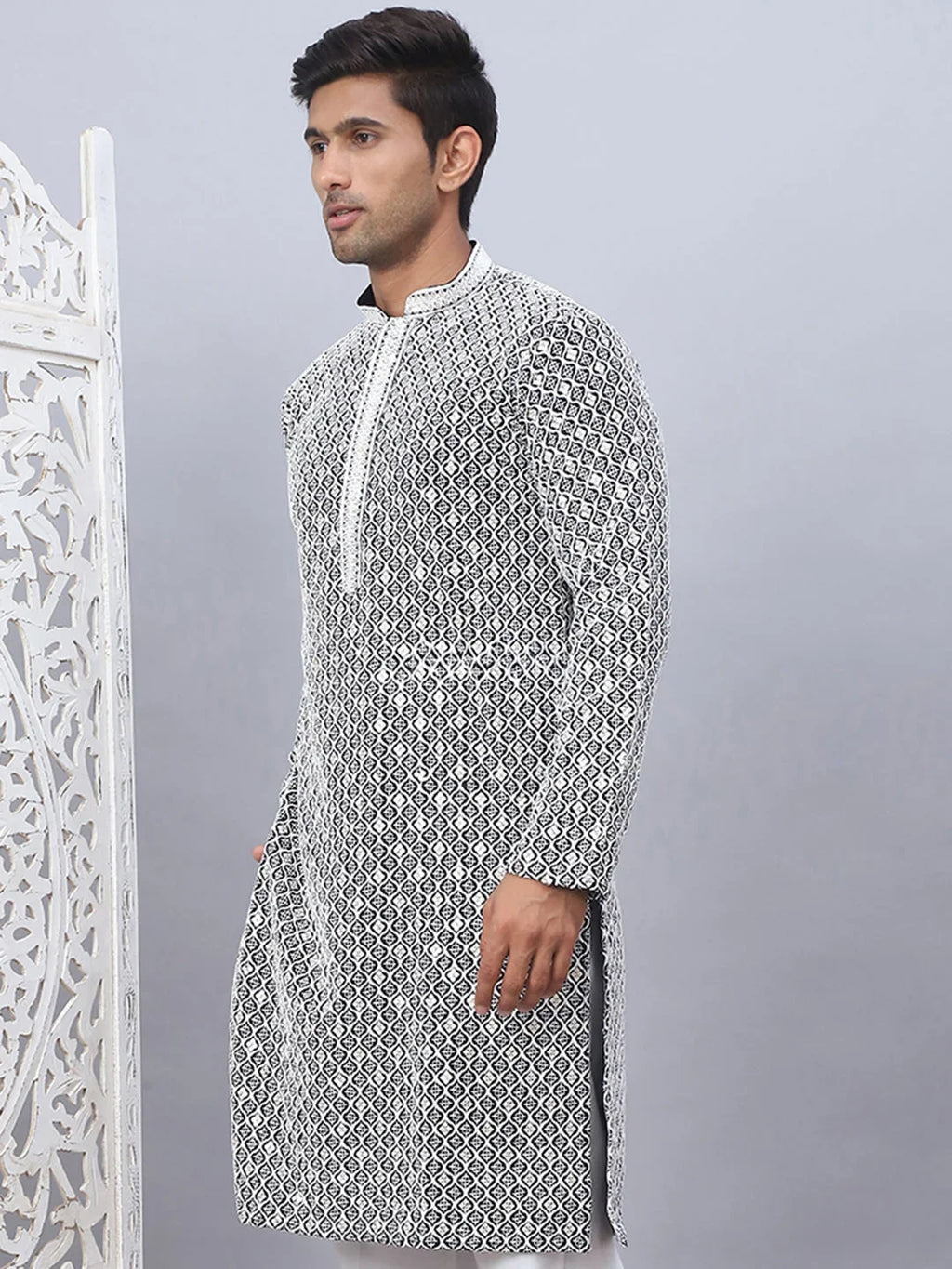 Men's Black Chikankari Embroidered and Sequence Kurtas-KO-5094Black