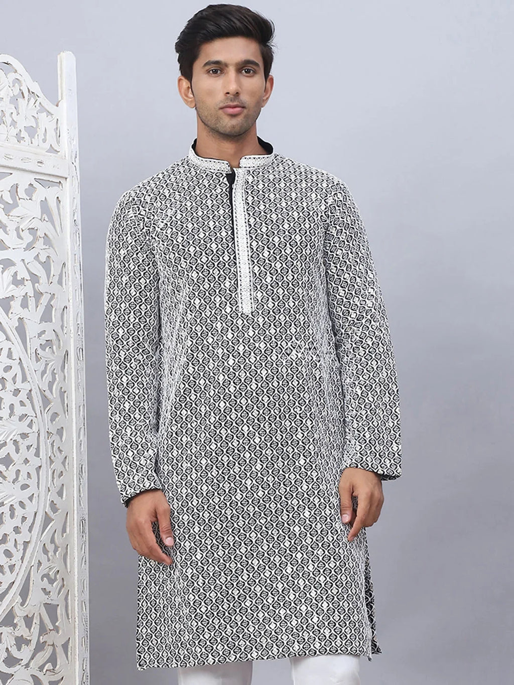 Men's Black Chikankari Embroidered and Sequence Kurtas-KO-5094Black