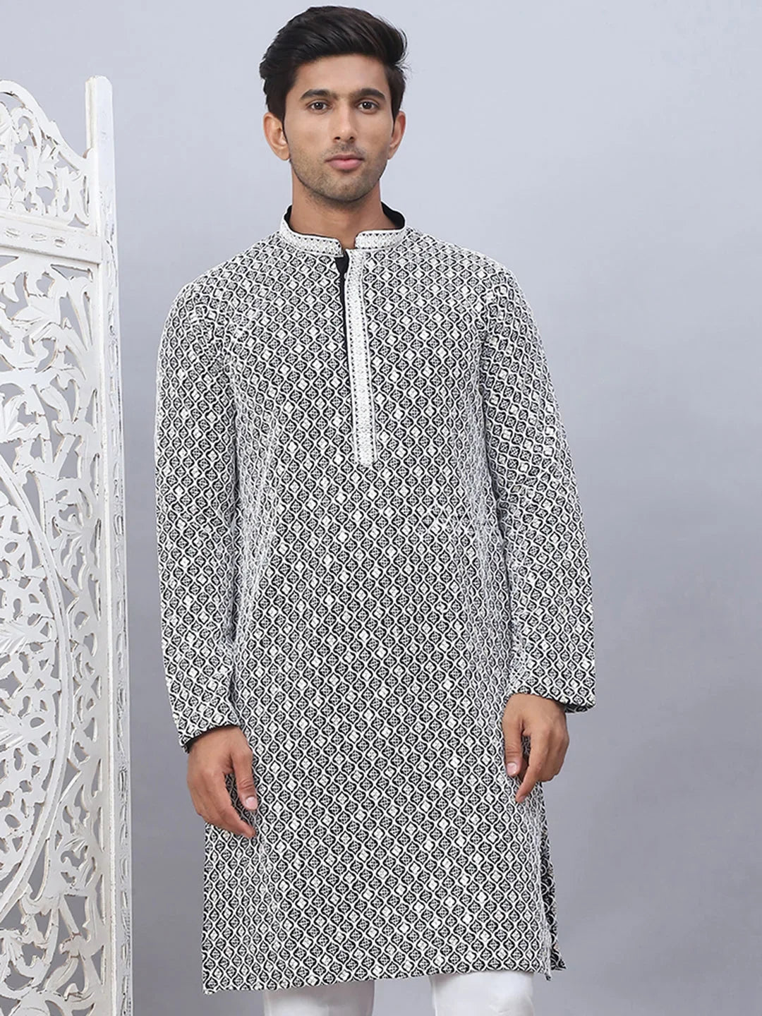 Men's Black Chikankari Embroidered and Sequence Kurtas-KO-5094Black